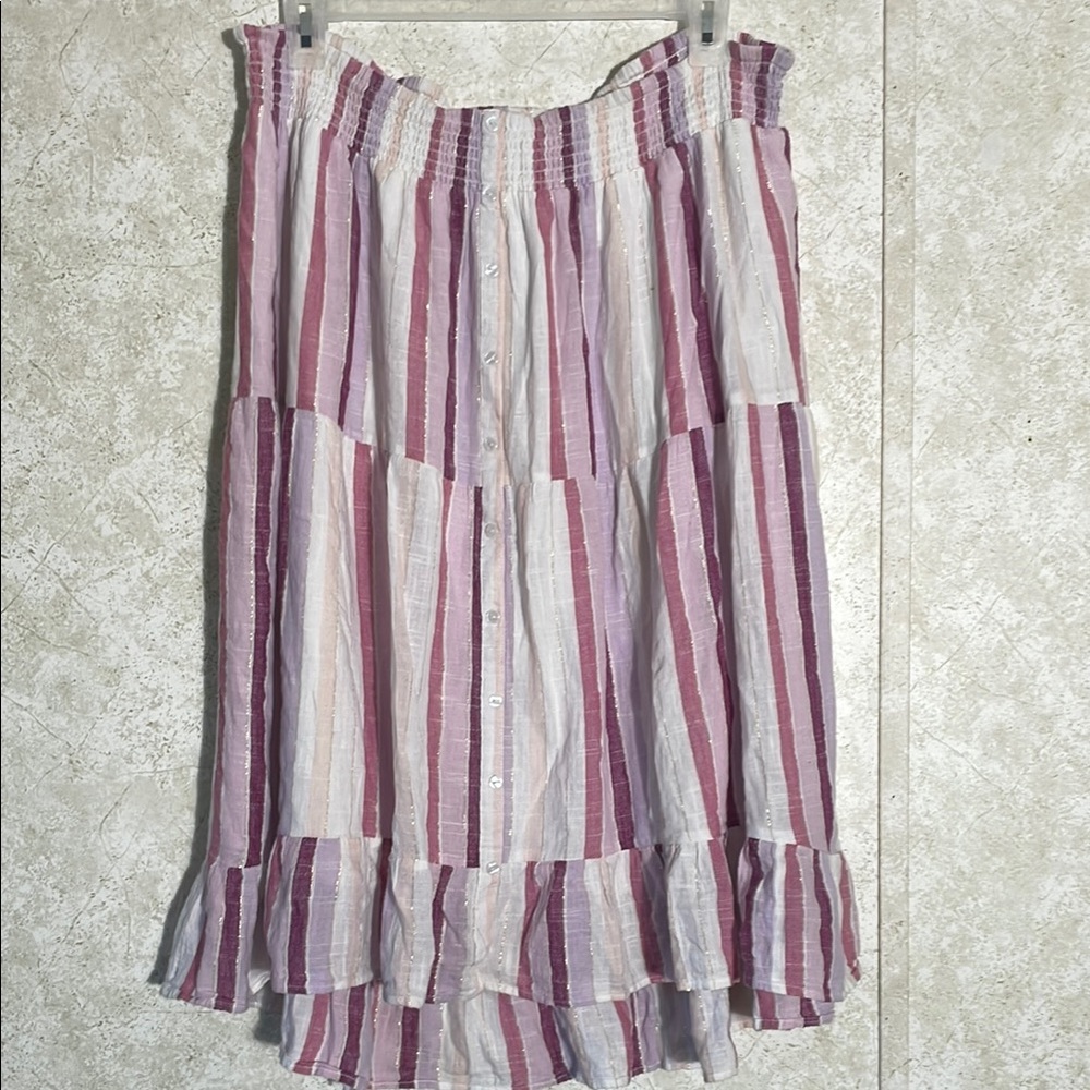 Plus Size lined Pink and Purple cotton Ruffled Midi Skirt for Casual Wear